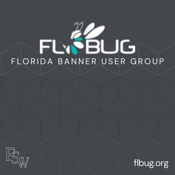 Logo for the Florida Banner User Group (FLBBUG) featuring a bee graphic on a geometric background.